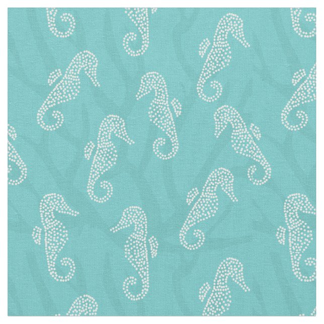 Coral Reef Coastal Seahorse Aqua Blue Fabric (Close Up)
