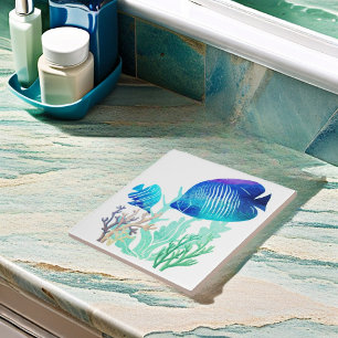 Coral Reef Fish Watercolor Style Marine Life Ceramic Tile