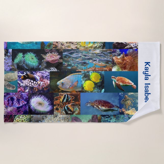 Coral Reef Marine Life Fish Animals Photos Name Be Beach Towel (Front)
