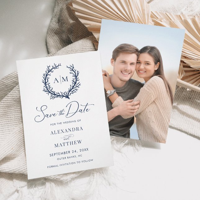 Coral Reef Navy Blue Nautical Beach Wedding Save The Date (Creator Uploaded)