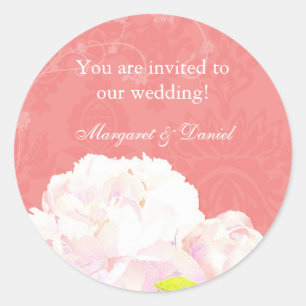 Coral Reef Peony Wedding Invitation Classic Round Sticker