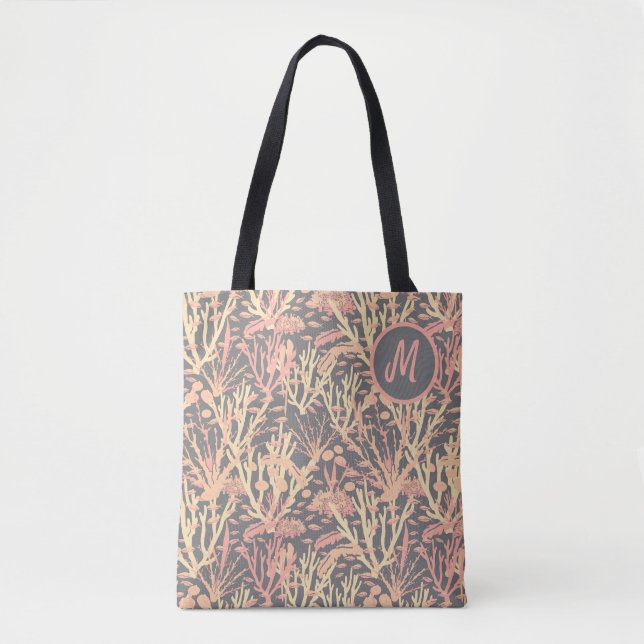 Coral Reef Pink Grey Monogram Tote Bag (Front)