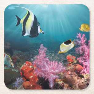 Coral Reef Scenery Moorish Idol Square Paper Coaster