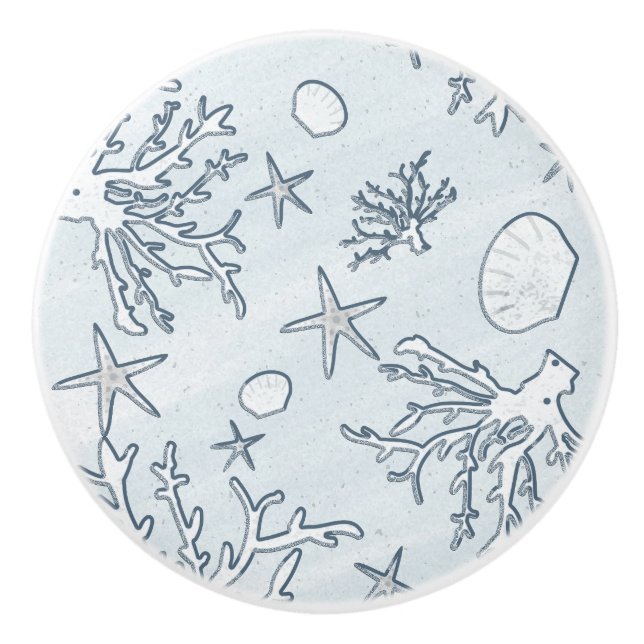 Coral Reef & Sea Shells Beach Blue Grey Ceramic Knob (Front)