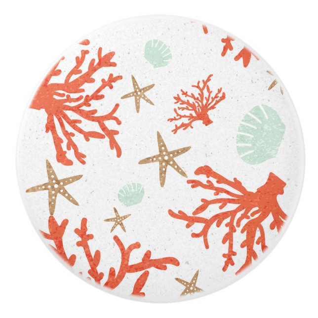 Coral Reef & Sea Shells Beach Orange Ceramic Knob (Front)