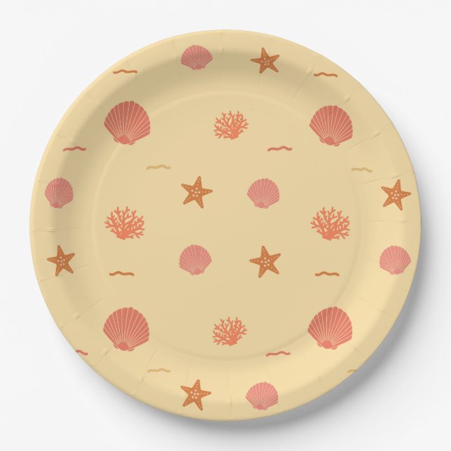 Coral Reef Seashell and Starfish Seamless Pattern  Paper Plate (Front)
