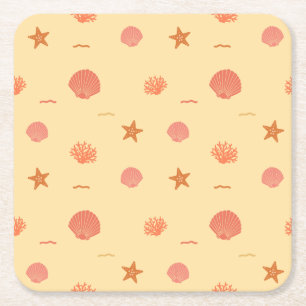 Coral Reef Seashell and Starfish Seamless Pattern Square Paper Coaster