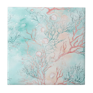 Coral Reef Seashell Watercolor Pattern Ceramic Tile