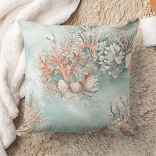 Coral Reef Seashells & Aqua Waves Pattern (10) Cushion