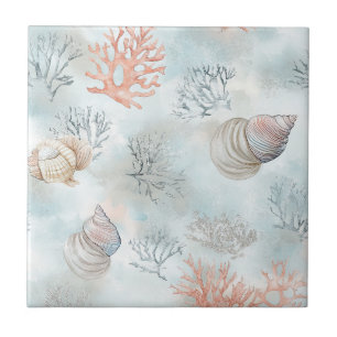 Coral Reef Seashells & Aqua Waves Pattern (1) Ceramic Tile