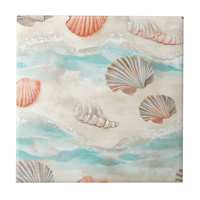 Coral Reef Seashells & Aqua Waves Pattern (2) Ceramic Tile (Front)