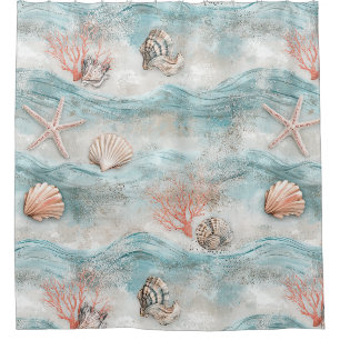 Coral Reef Seashells & Aqua Waves Pattern (9) Shower Curtain