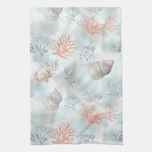 Coral Reef Seashells & Aqua Waves Pattern Tea Towel