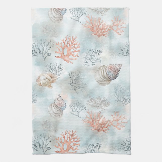 Coral Reef Seashells & Aqua Waves Pattern Tea Towel (Vertical)