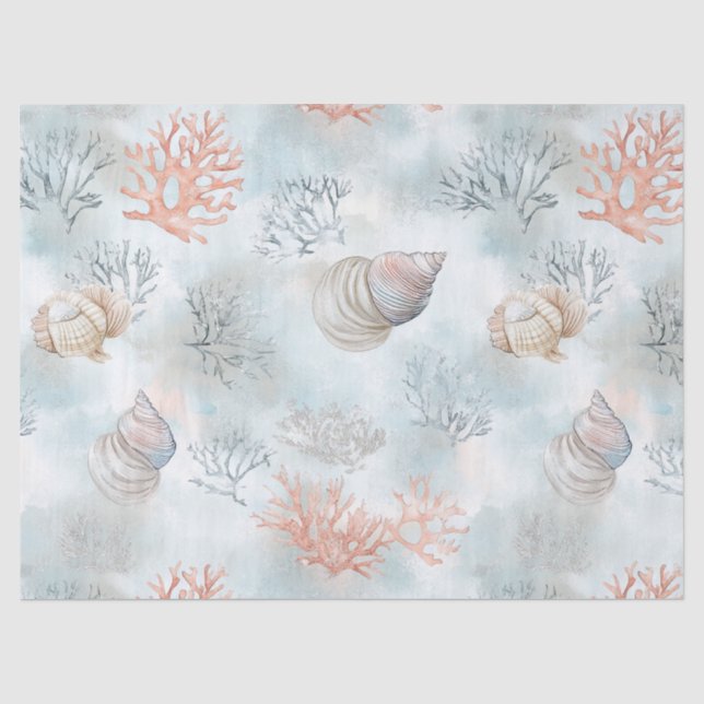 Coral Reef Seashells & Aqua Waves Pattern Tissue Paper (Front)