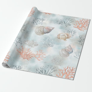 Coral Reef Seashells & Aqua Waves Pattern Wrapping Paper