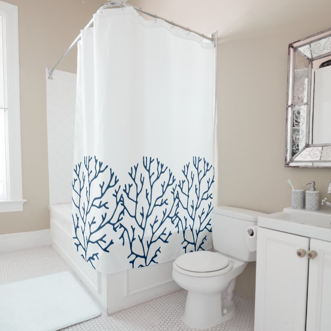 Coral Reef Theme Stylish Teal Blue Coral Pattern Shower Curtain (In Situ)