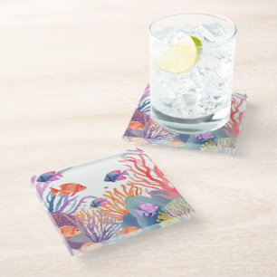 Coral Reef Watercolor Colourful Fish Ocean Glass Coaster