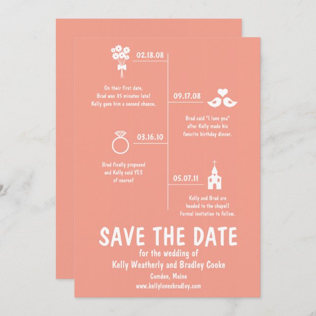 Coral Relationship Timeline Wedding Save the Date Invitation (Front/Back)