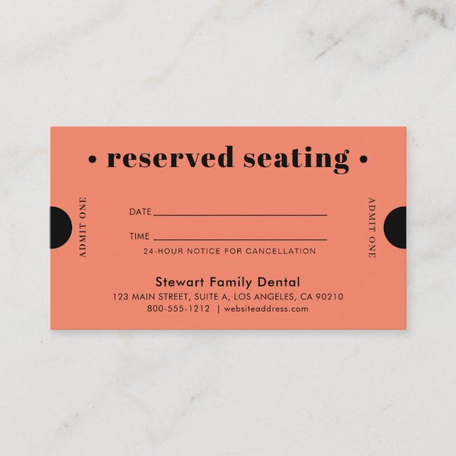 Coral Retro Reserved Seating Dental Appointment Card (Front)