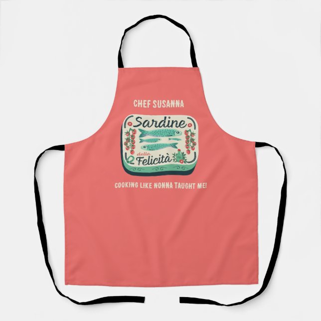 Coral Retro Sardine Cooking Italian Chef Apron (Front)