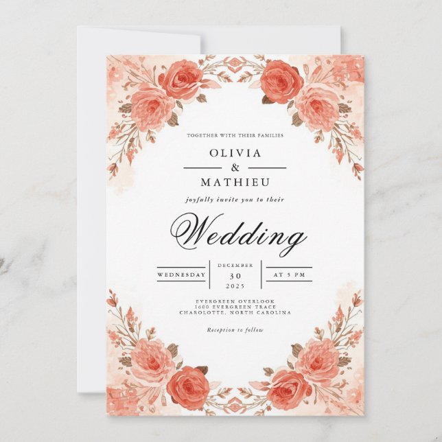 Coral Rose Arch Flora Wedding Invitation (Front)