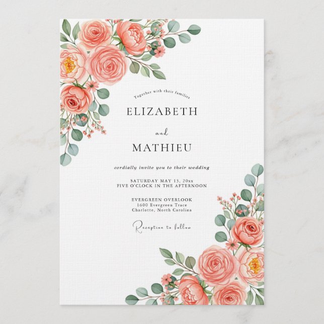 Coral Rose Botanical Romance Wedding Invitation (Front)