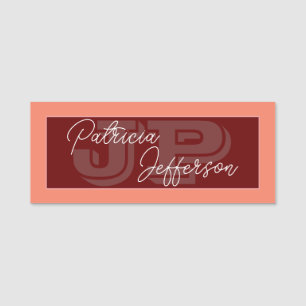 Coral Rose Dark Red Monogrammed Handwritten Name Tag