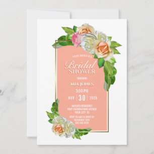 Coral Rose Floral Gold Border Bridal Shower Invitation