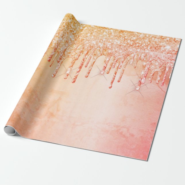 Coral rose gold glitter drips pink birthday wrapping paper (Unrolled)