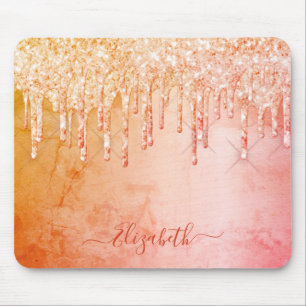 Coral rose gold glitter sparkle rustic monogram mouse pad