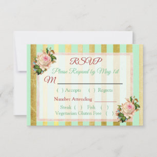 Coral Rose Green Floral Striped Wedding RSVP card