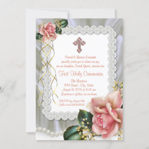 Coral Rose Pearl Cross First Communion Invitation