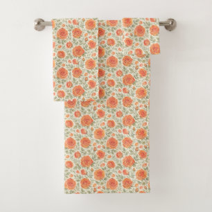 Coral Rose & Sage Garden Pattern Bath Towel Set