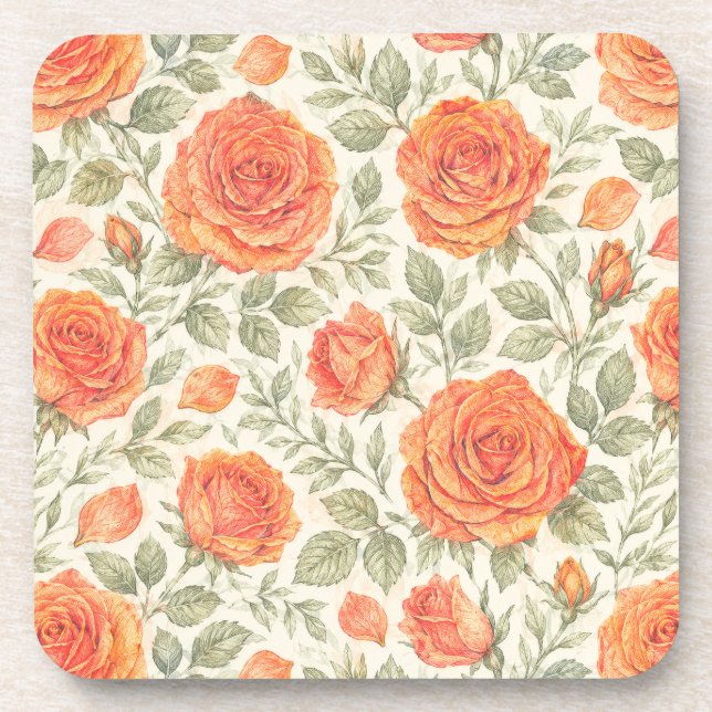 Coral Rose & Sage Garden Pattern Coaster (Front)