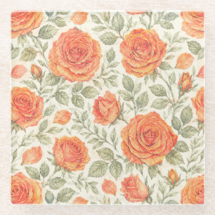 Coral Rose & Sage Garden Pattern Glass Coaster