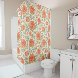 Coral Rose & Sage Garden Pattern Shower Curtain