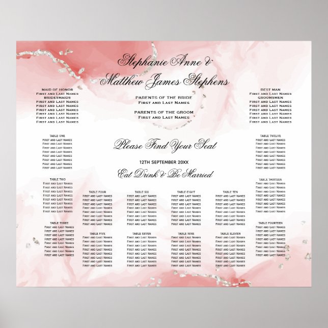 Coral Rose Silver Wedding 14 Table Seating Chart  (Front)