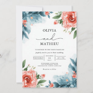 Coral Rose Watercolor Bloom Wedding Invitation