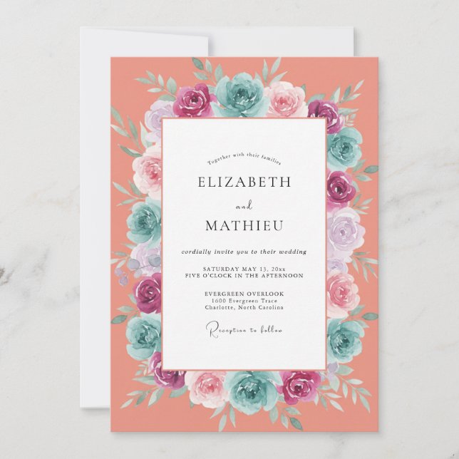 Coral Rose Wreath Wedding Invitation (Front)