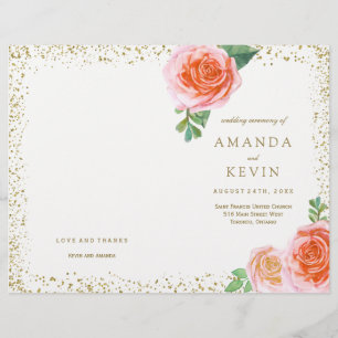 Coral Roses and Gold Glitter Wedding Programs