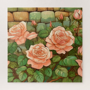 Coral Roses and Stone Wall Jigsaw Puzzle