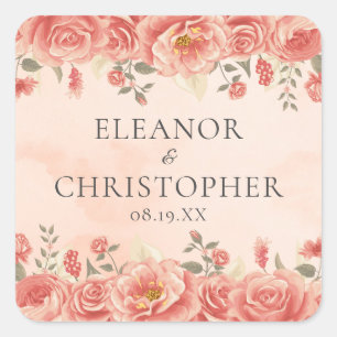 Coral Roses Chic Peach Watercolor Floral Wedding Square Sticker