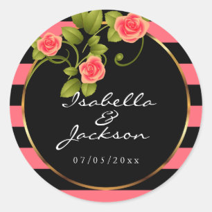 Coral Roses on Coral and Black Stripes Classic Round Sticker