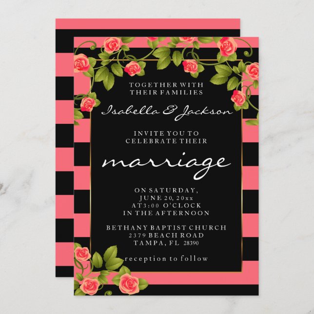 Coral Roses on Coral and Black Stripes Invitation (Front/Back)