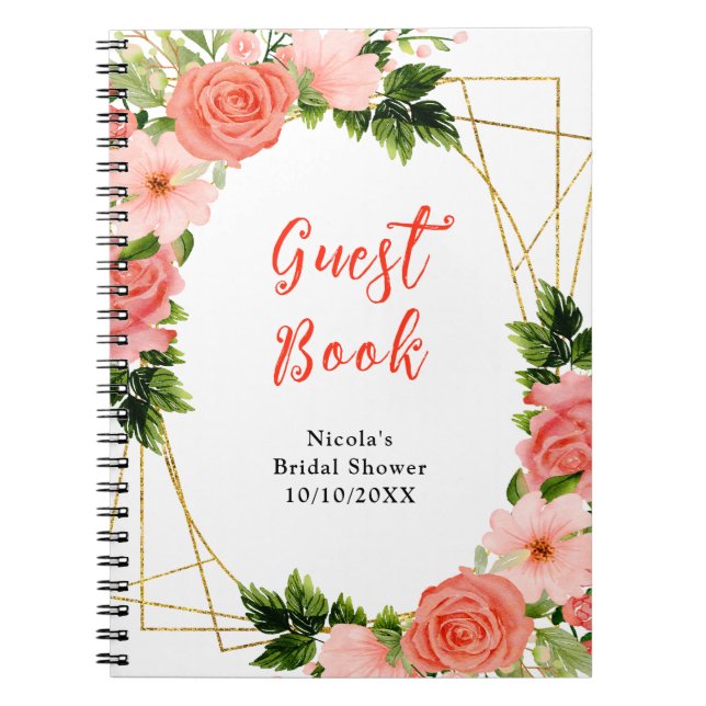 Coral Roses with Foliage Bridal Shower Guest Book (Front)