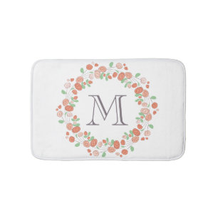 coral roses wreath monogram bath mat