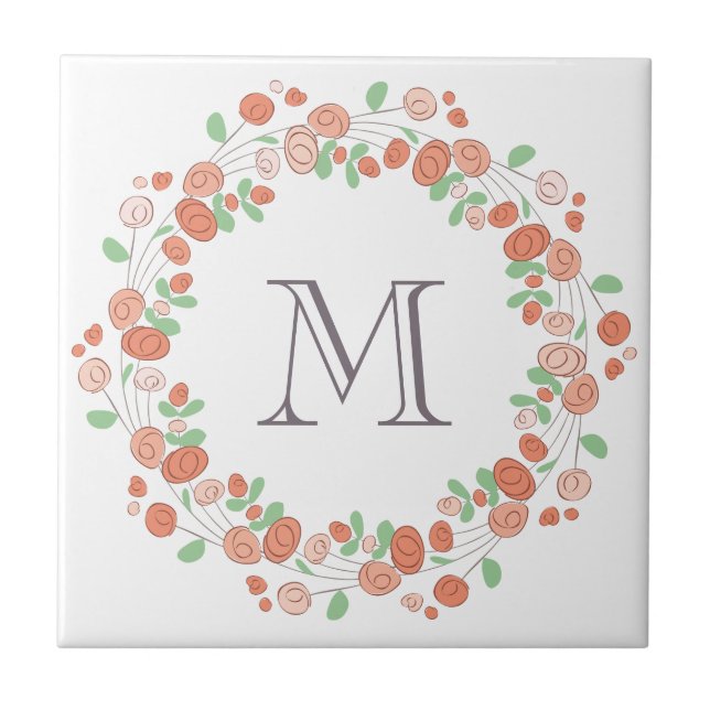 coral roses wreath monogram ceramic tile (Front)