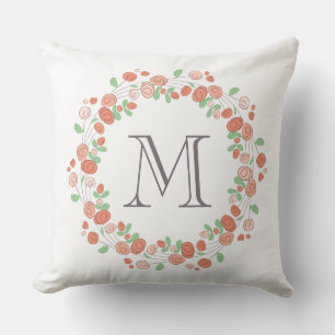 coral roses wreath monogram cushion