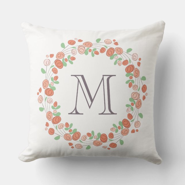 coral roses wreath monogram cushion (Front)